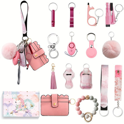 The Women's Stylish Safety Keychain Set includes 17 pieces, featuring a personal alarm key chain, PU leather card bag, and various keychain accessories. This set is a perfect holiday gift for women.