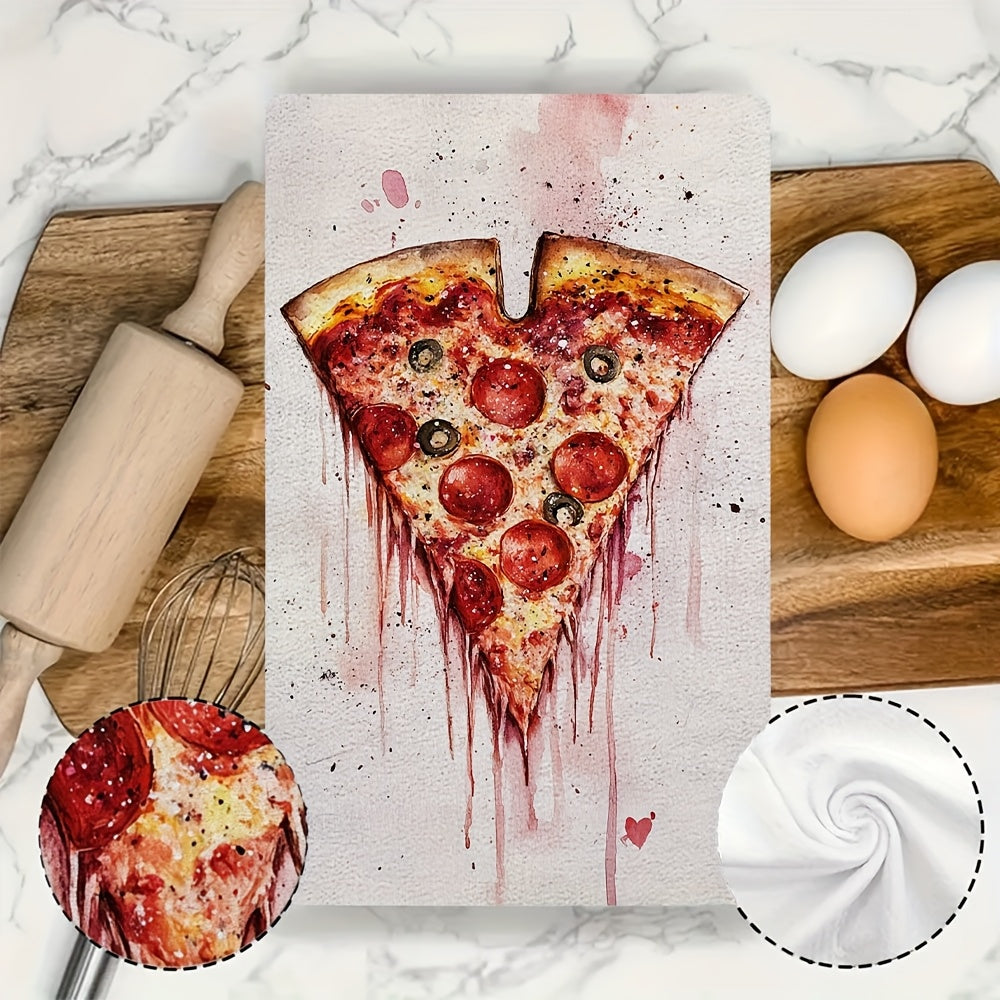 Set of 2 Ultra Soft Kitchen Towels in Valentine's Day Pizza Love Theme. Highly Absorbent and Machine Washable Dish Hand Towels, measuring 40.64x60.96 cm. Featuring a Contemporary Style, made of Polyester perfect for Holiday Decor. These Kitchen Hand