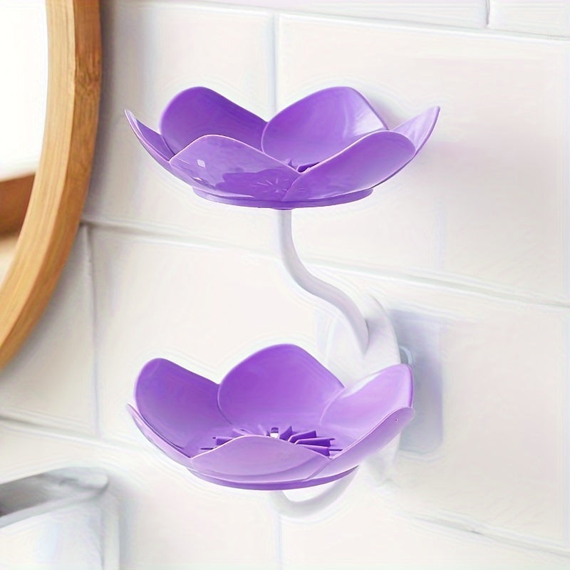 Plastic flower-shaped soap dish set with drainage holes, double-layer design, wall-mounted, 11.5cm x 4.53cm, also includes a 16cm x 6.3in soap holder for bathroom accessories.