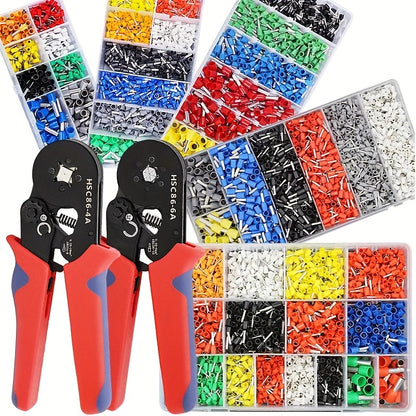 Crimping kit includes 300pcs-1200pcs single box VE tubular crimp terminals and pliers for cable electrical connectors, insulated wire connections.