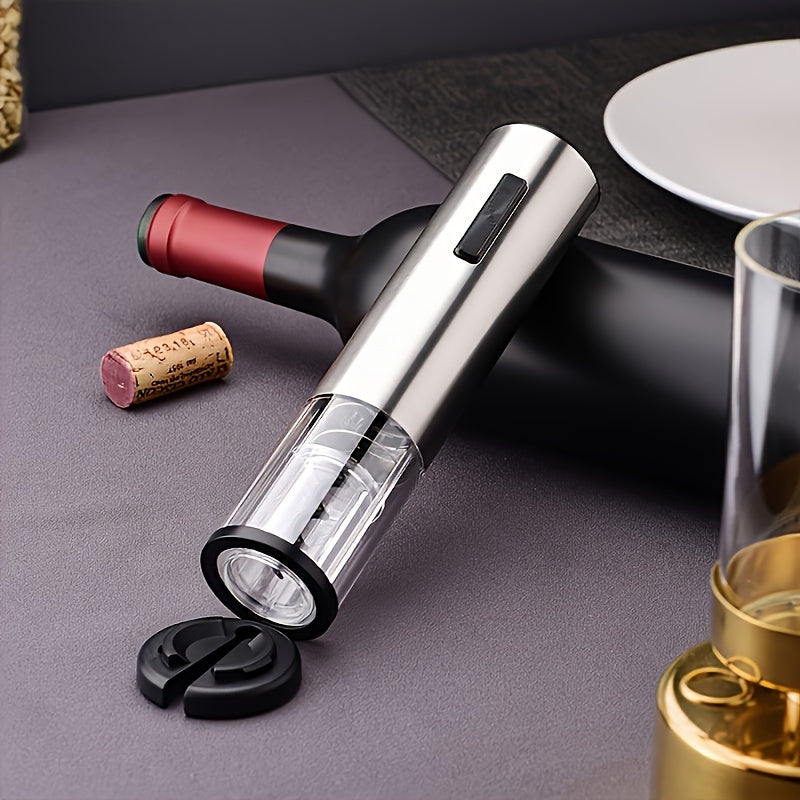 Stainless steel electric bottle opener set with USB rechargeable automatic corkscrew and 5-in-1 vino accessory kit. Perfect for kitchen, parties, weddings, and gift giving. Includes foil cutter, spiral drill, cork remover, and metal corkscrew. 500mAh