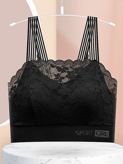 Stylish lace bra with V-neck and wireless design, perfect for women's lingerie.