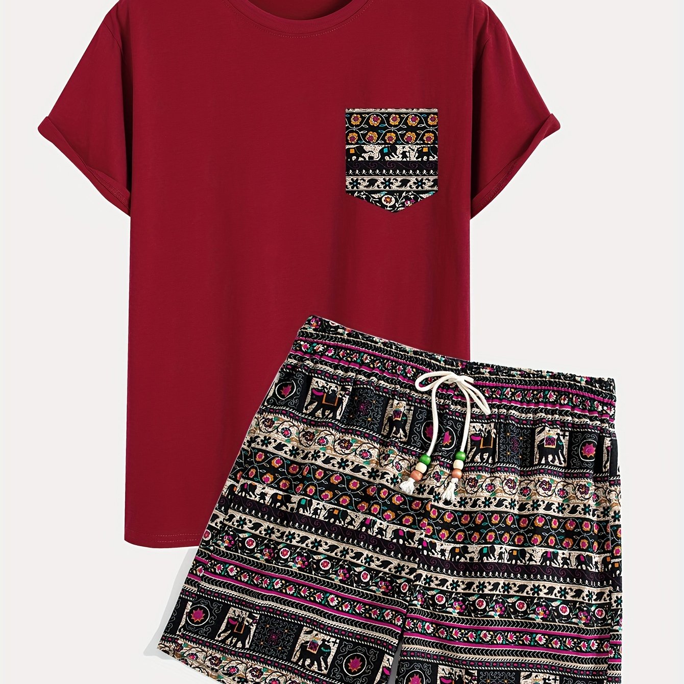 Boho Tribal Print Cotton T-Shirt and Shorts Set, Loose Fit, Crew Neck, Drawstring Bottoms, Knit Fabric, Spring Outfit.