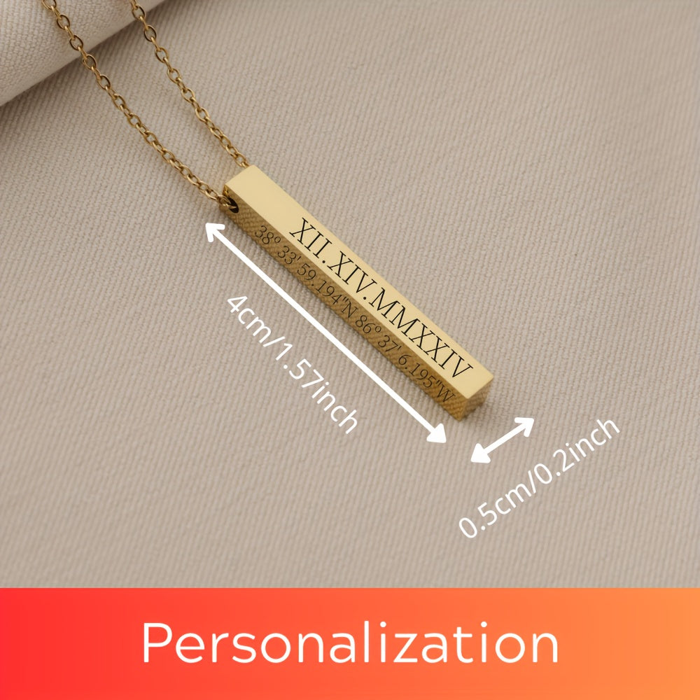 Elegant Custom Engraved Vertical Bar Necklace for Women - Personalized with Name and Date - Available in Gold, Silver, and Rose Gold - Stylish Alloy Jewelry for Everyday Wear or Gifting - 3D Design with Coordinates