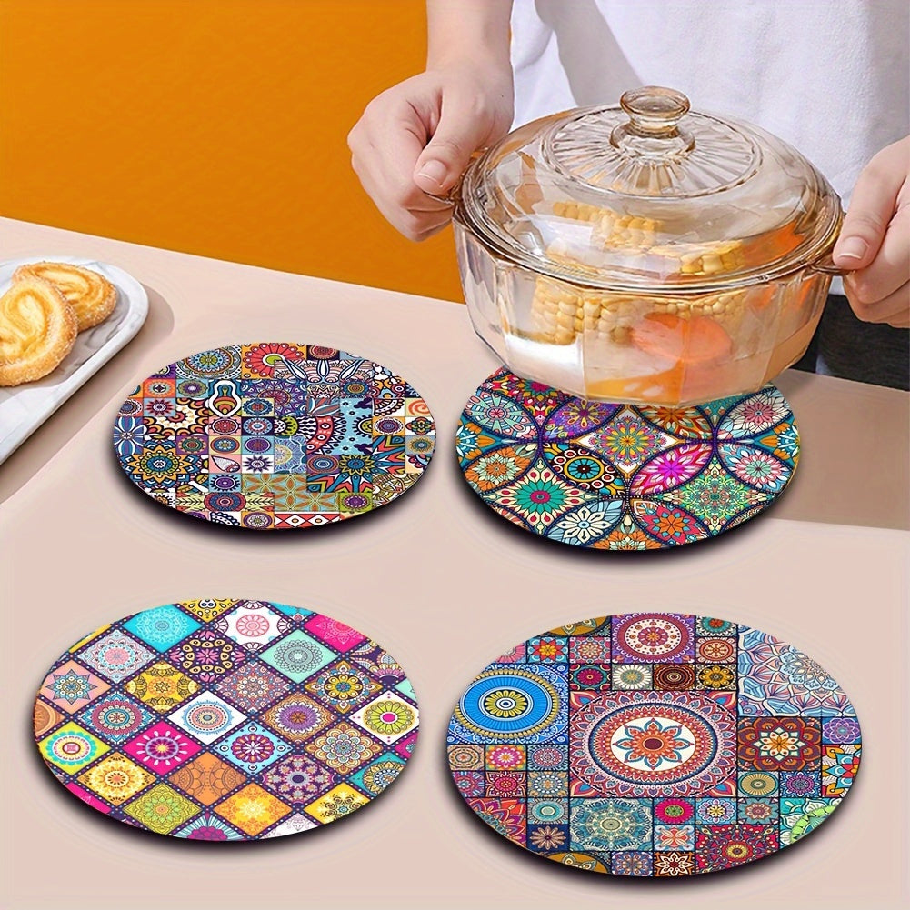 4 Mandala Wooden Placemats: durable, heat-resistant, non-slip, easy to clean - great for home, office, parties, festivals.