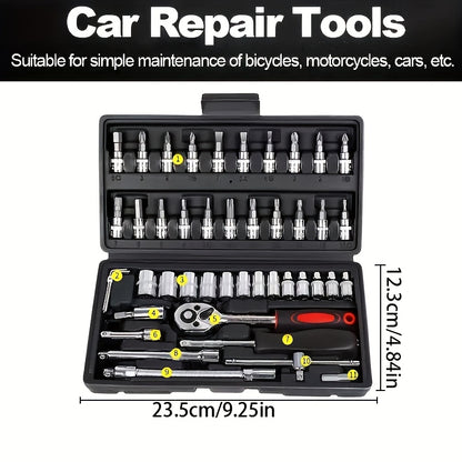 46-piece high-performance Chrome Vanadium Steel socket wrench set for ultimate car repair and maintenance. Ultra-portable and high-torque tools perfect for automotive, bicycle, and