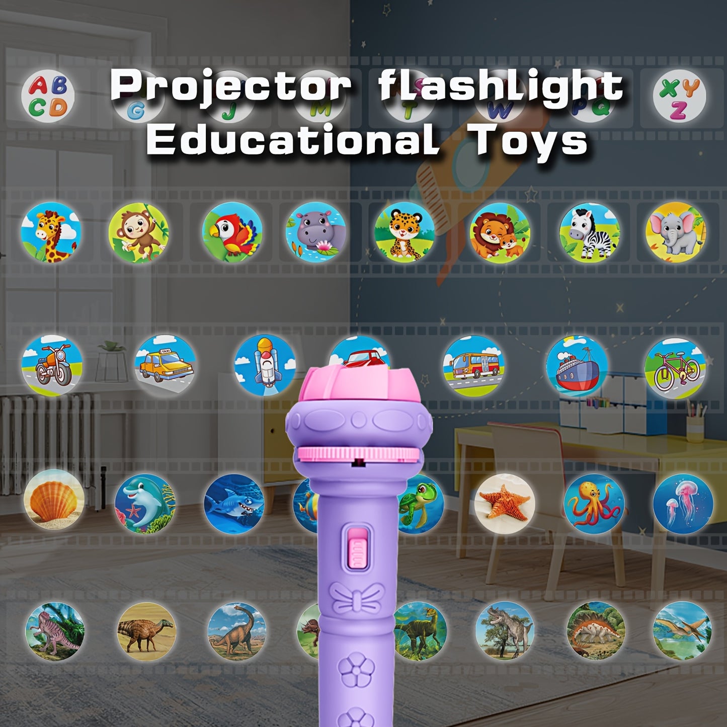 Projection flashlight for kids with 32 patterns featuring animals, dinosaurs, cars, and space for fun learning and bedtime education.