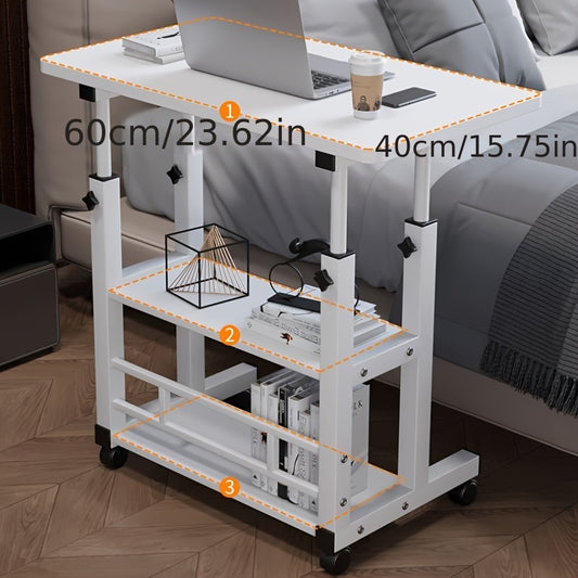 Multifunctional folding desk with wheels, adjustable height, and storage shelves - great for bedroom, living room, outdoor office, and study.