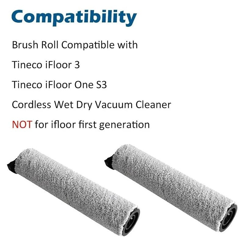 Two-piece replacement main brush roller set designed for use with the Tineco iFloor 3/S3/C/M1F8 wet dry cordless vacuum cleaner. Made with plastic and cloth materials, these floor attachment accessories are compatible with the Tineco iFloor 3/S3/C/M1F8