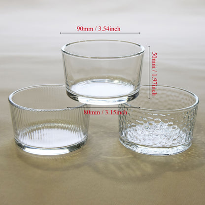 Versatile clear glass dessert bowls in 3 sizes for any occasion, suitable for yogurt, jams, and other desserts. Hand wash only. Reusable and recyclable.