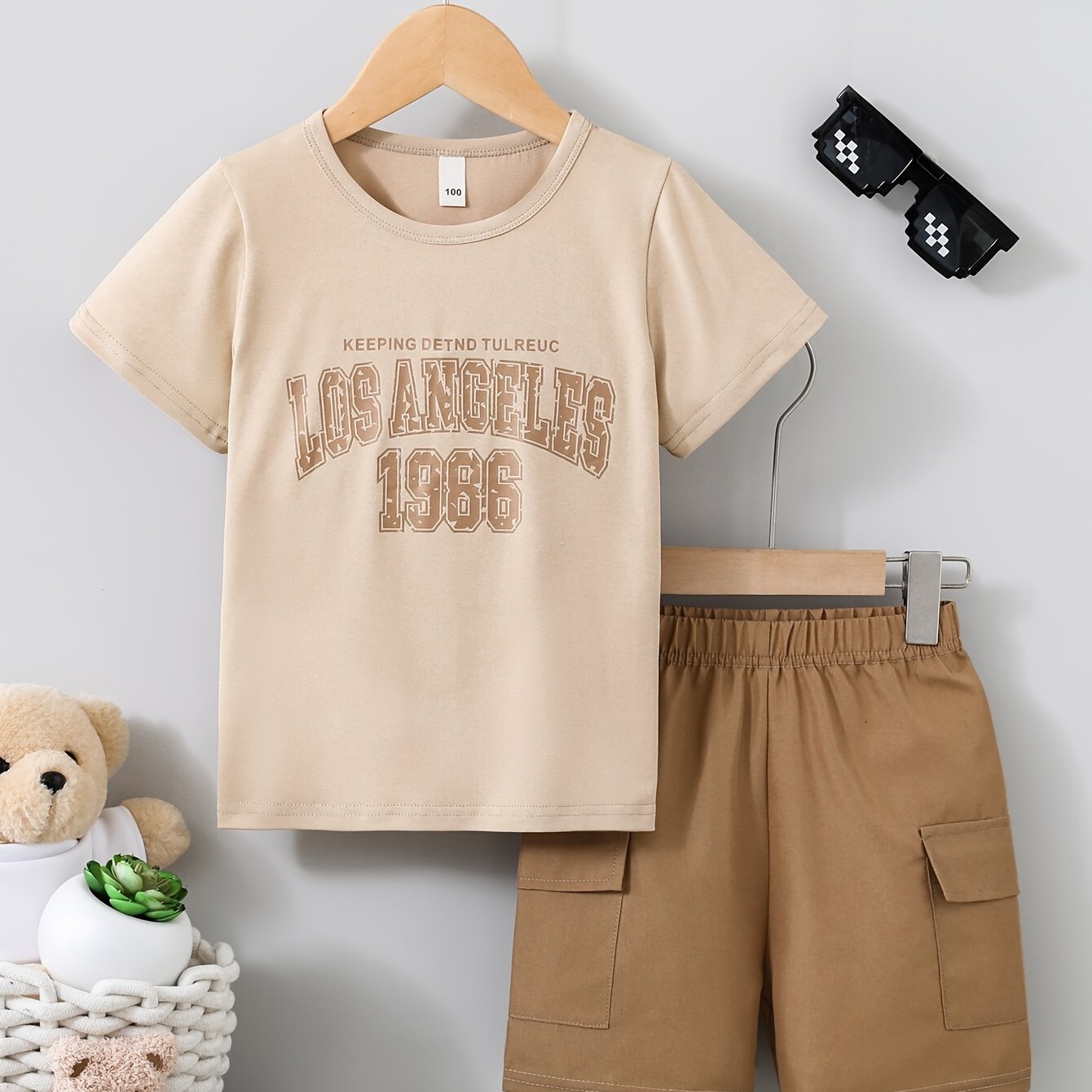 Boys' Summer Set: Casual Letter Print T-Shirt & Shorts with Pockets - Polyester Blend, Machine Washable, Ideal for Outdoors