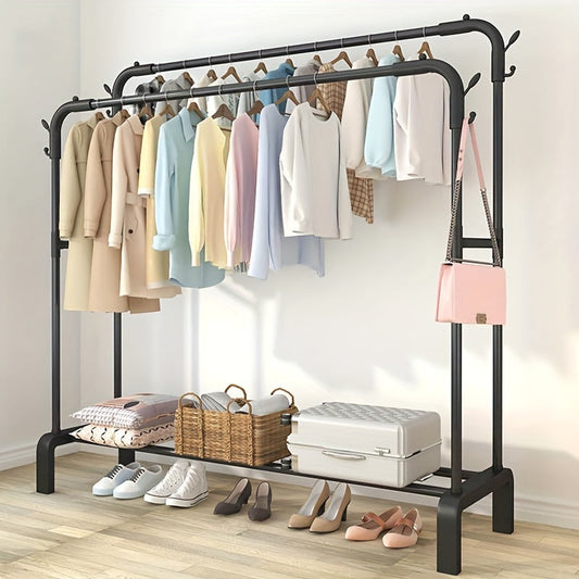 Sturdy Metal Clothes Rack with Built-In Shelf - Standalone, Simple Assembly for Organizing Bedroom & Balcony, Includes Handy Hooks for Versatility