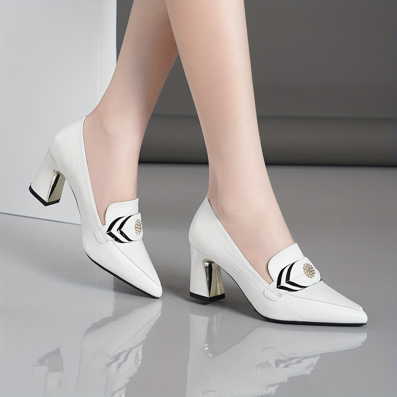 Women's trendy solid color shoes with rhinestone buckle, chunky heel and lightweight design. Ideal for daily wear.