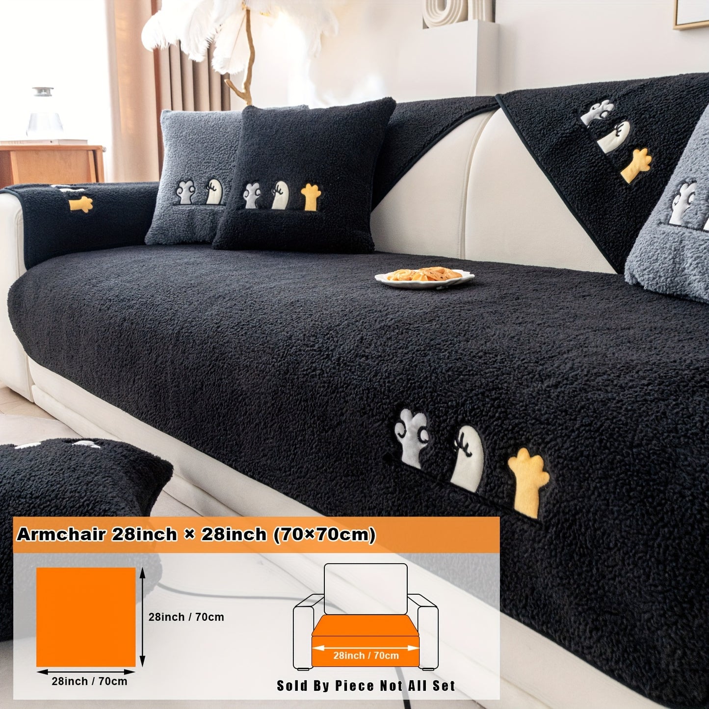 Modern plush sofa cover with paw pattern embroidery, non-slip protection for sofas, machine washable and suitable for various types of furniture.