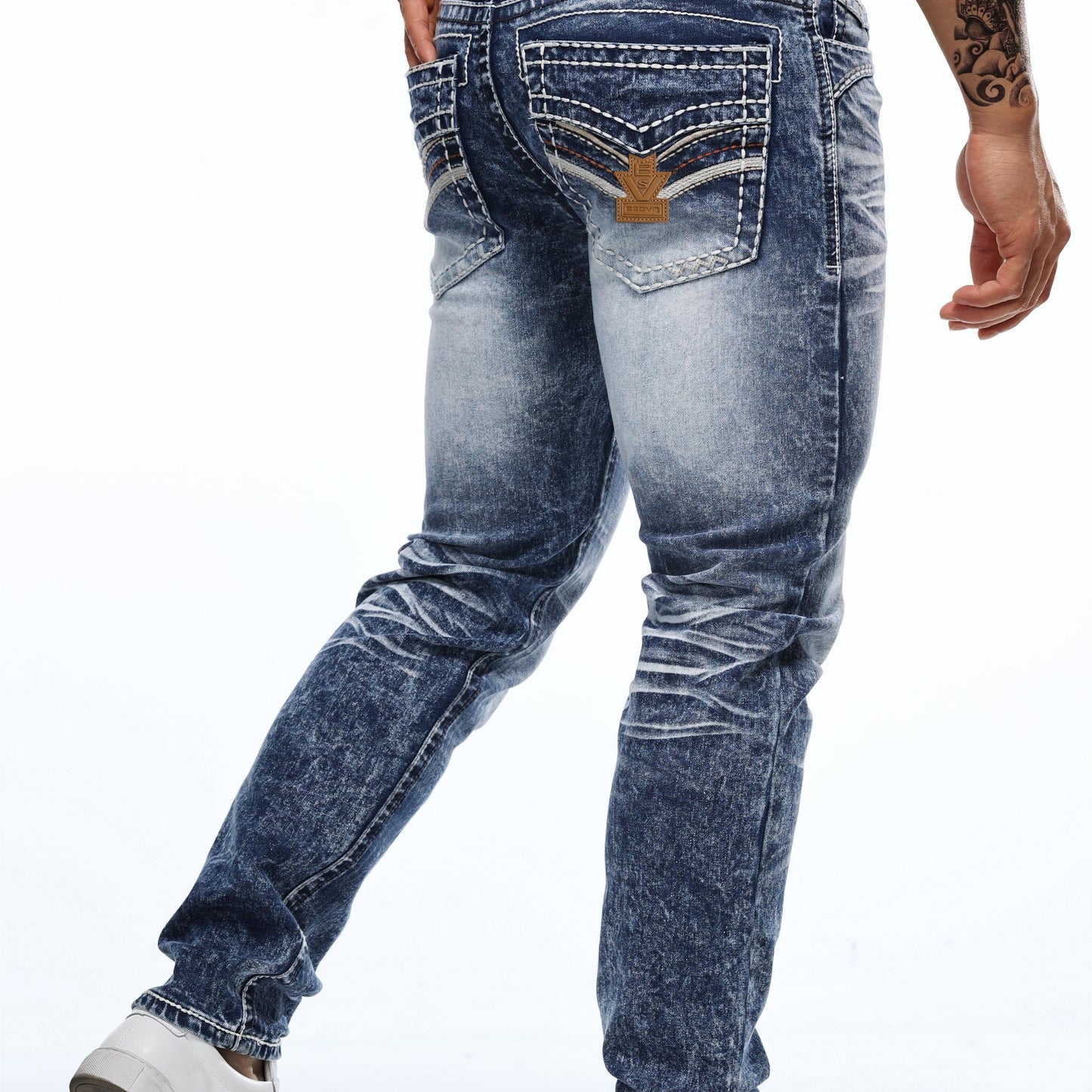 Men's Vintage-Inspired Embroidered Stretch Jeans with Patchwork Detailing - Slim Fit, Mid-Rise, Machine Washable