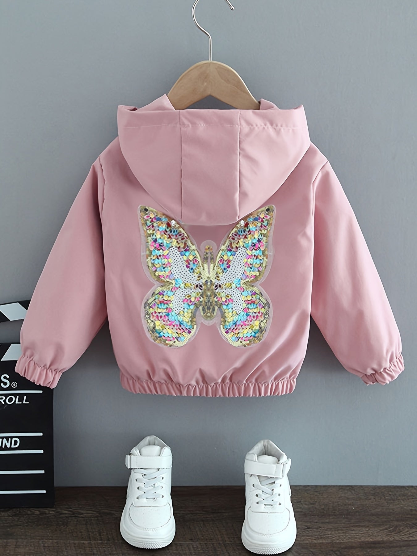 Stunning butterfly hooded jacket with sequins, perfect for casual wear in spring and fall.