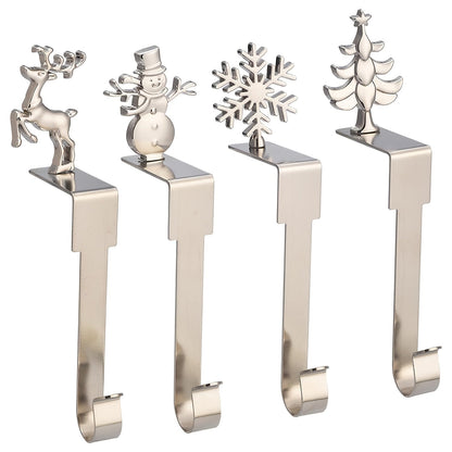 Set of 4 Sophisticated Metal Christmas Stocking Holders - Stylish Mantel Hooks featuring Snowman, Reindeer, & Tree Designs for a Festive Fireplace Display, Holiday Decor