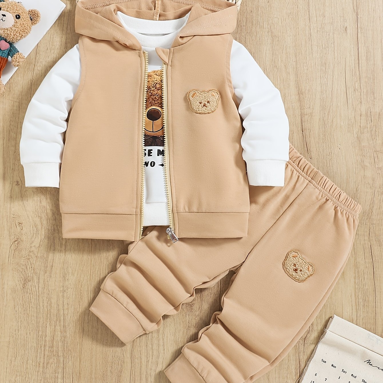 Children's 3-piece Boy Bear Embroidery Set including hooded vest, sweatshirt, and pants. Perfect for spring and autumn outdoor wear, great as a gift.