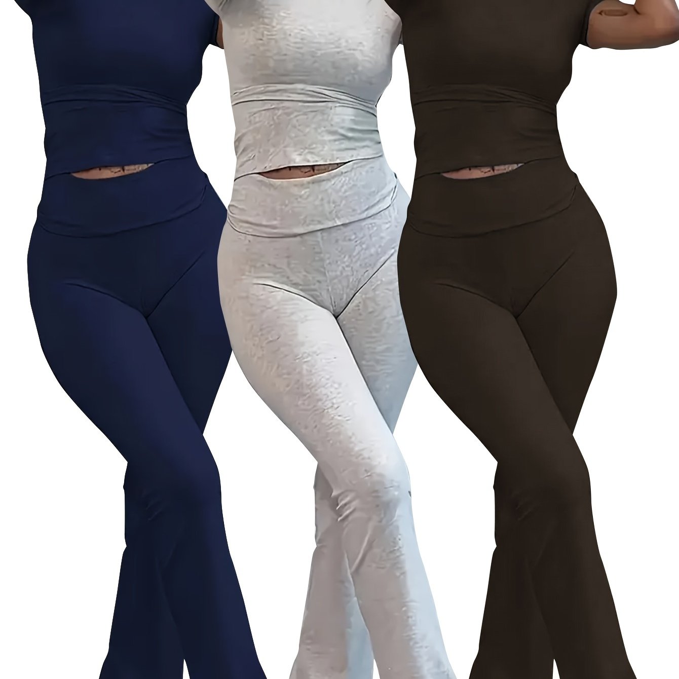 3-piece women's sporty lounge set with crop top and flared pants, slim and comfortable fit