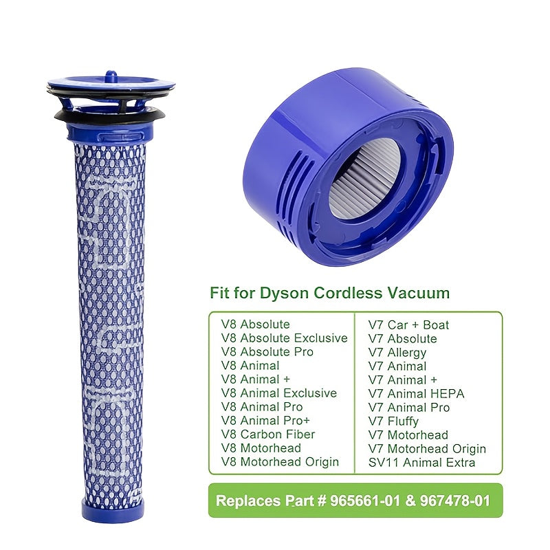 Upgrade your Dyson V7 & V8 with this compatible filter cartridge kit. Includes high-efficiency dual filter replacements and a cleaning brush for enhanced vacuum performance. Made with blue ABS plastic.