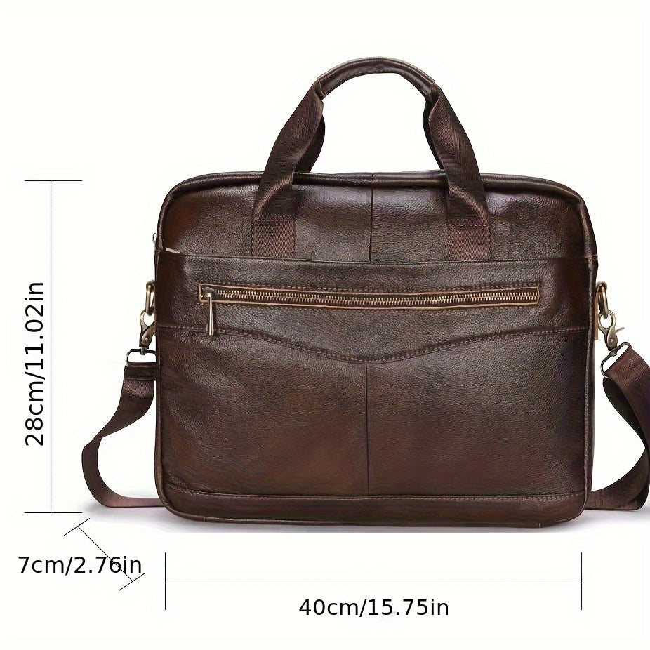 Large capacity laptop messenger bag made with genuine brown top grain cowhide leather for work and travel.