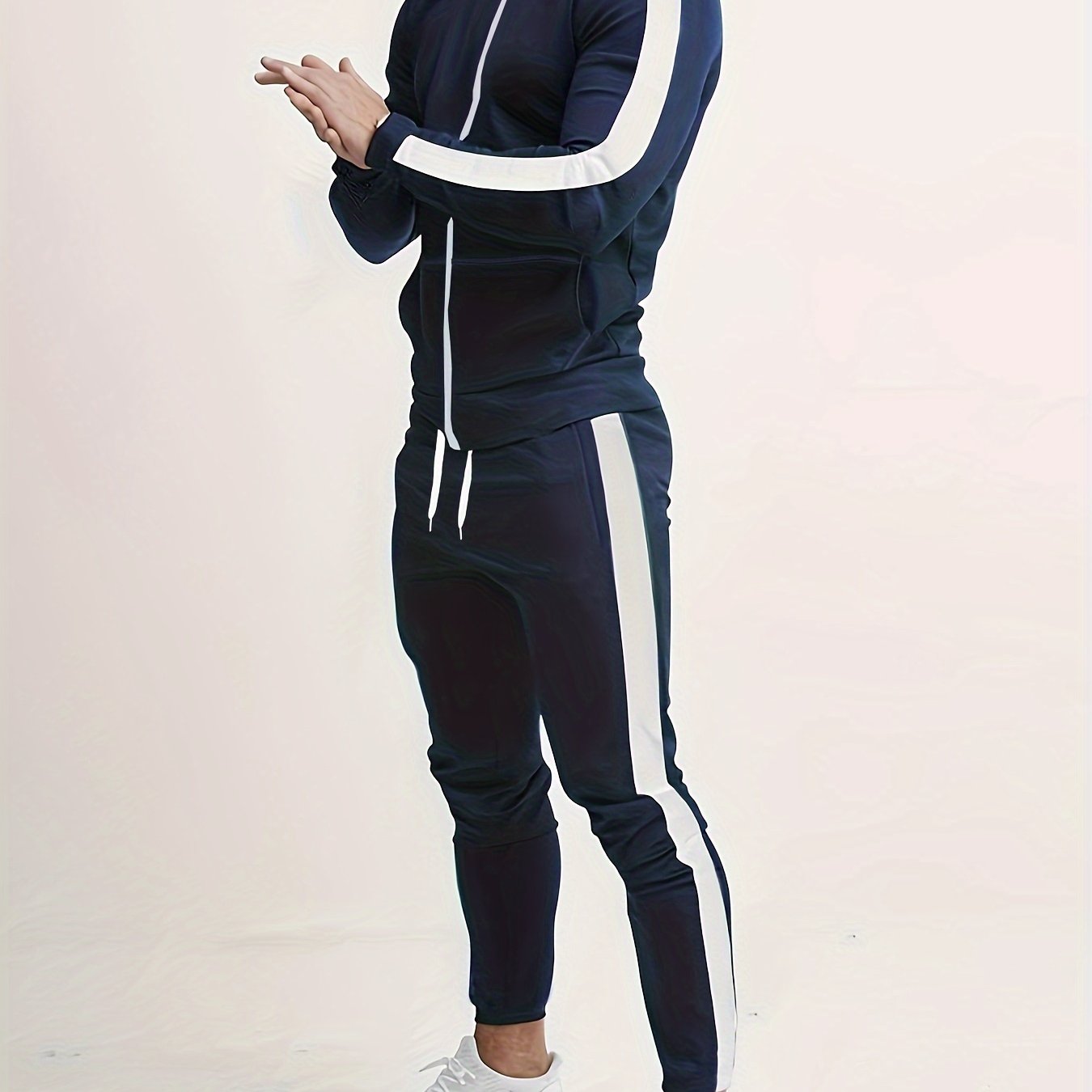 Men's Casual 2-Piece Color Block Outfit: Full Zip Jacket & Drawstring Pants, Breathable Sports Set