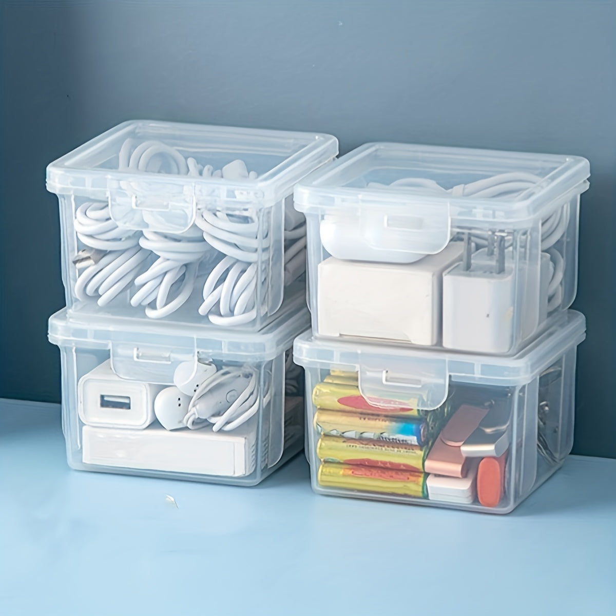 1pc Data Cable Storage Box with cover, ideal for storing phone charger, USB, and other accessories in kitchen, bathroom, or bedroom to save space.