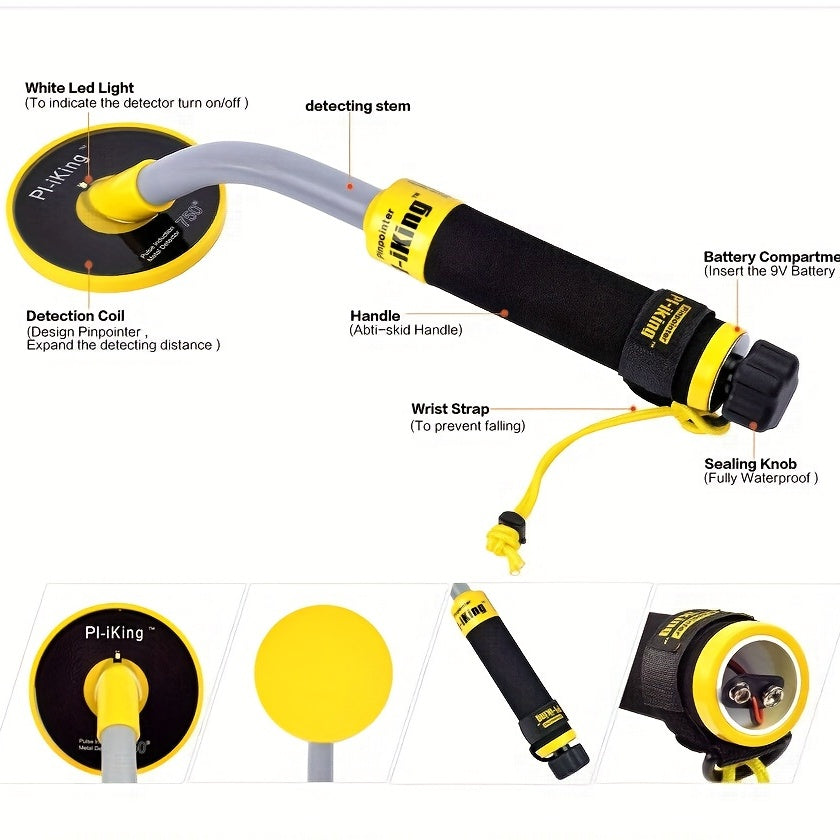 Underwater metal detector with LED & vibration alerts, ideal for diving & snorkeling, batteries not included.