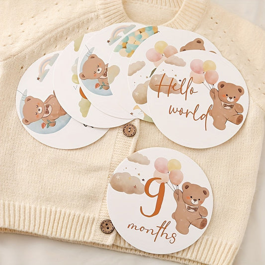 Set of 16 Birth Commemorative Cards with Paper Growth Records, Adorable Bear Cartoon Designs, Perfect for Birthdays and Photography Props