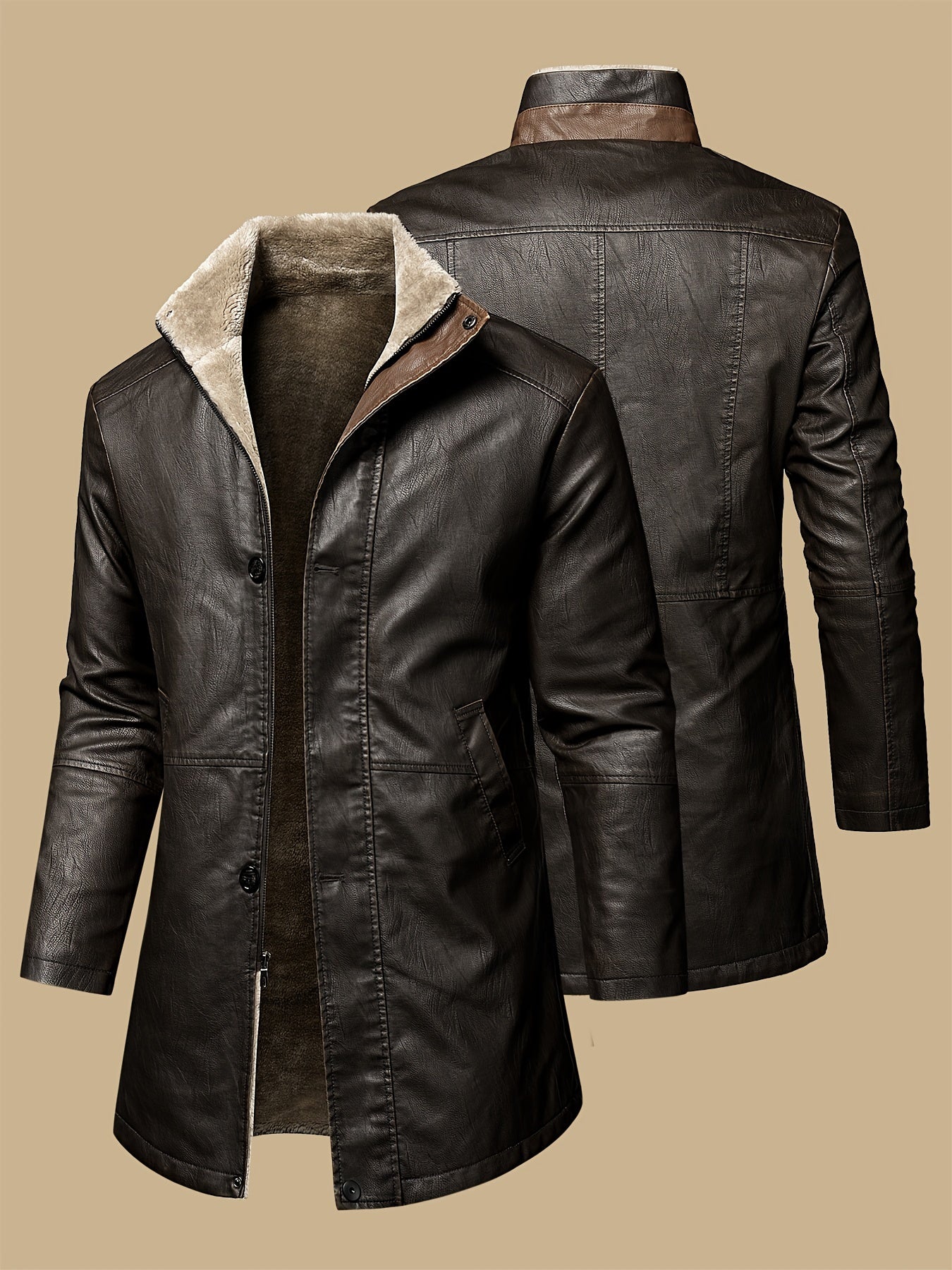 Men's distressed PU leather jacket with fleece lining, multiple pockets and windproof design.