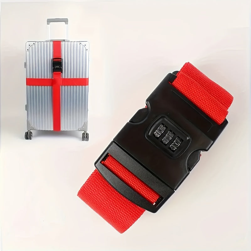 Secure your luggage with this durable adjustable strap featuring a password lock. Includes a nylon crossbody bag hook and name tag for easy identification while traveling. This single piece luggage security strap is both durable and reliable.