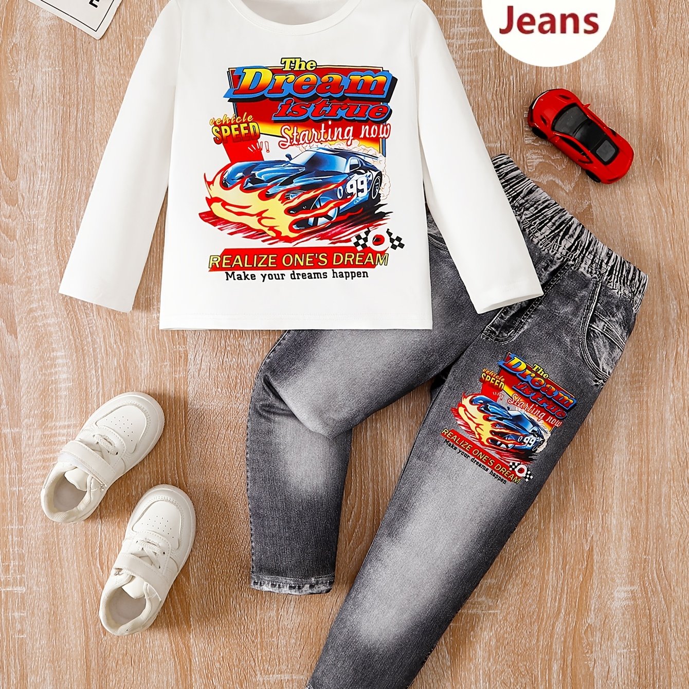 Boy's 2-piece race car pattern set for casual and outdoor wear in spring and fall, featuring long sleeve top and pants.