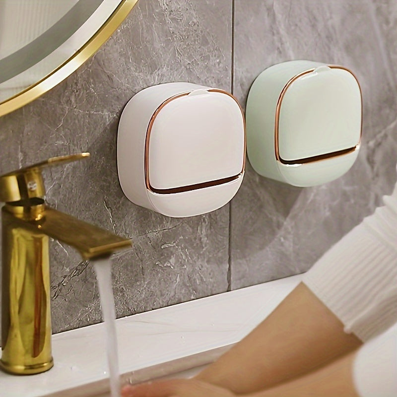 Single wall-mounted soap dispenser with drainage, no-drill installation, plastic rectangle design in green/white or white/rose gold, ideal for bathroom, kitchen, and sink storage.