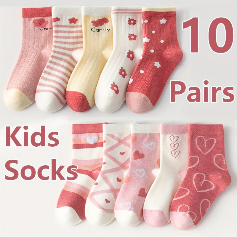 10 pairs of girl's knitted socks with cartoon heart pattern, soft and breathable for outdoor wear.