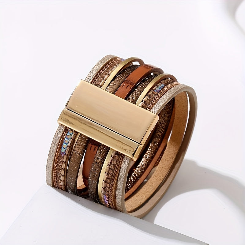 In daily life and on holidays, accessorize with a vintage Bohemian style multi-layered PU leather bracelet featuring a magnetic buckle.