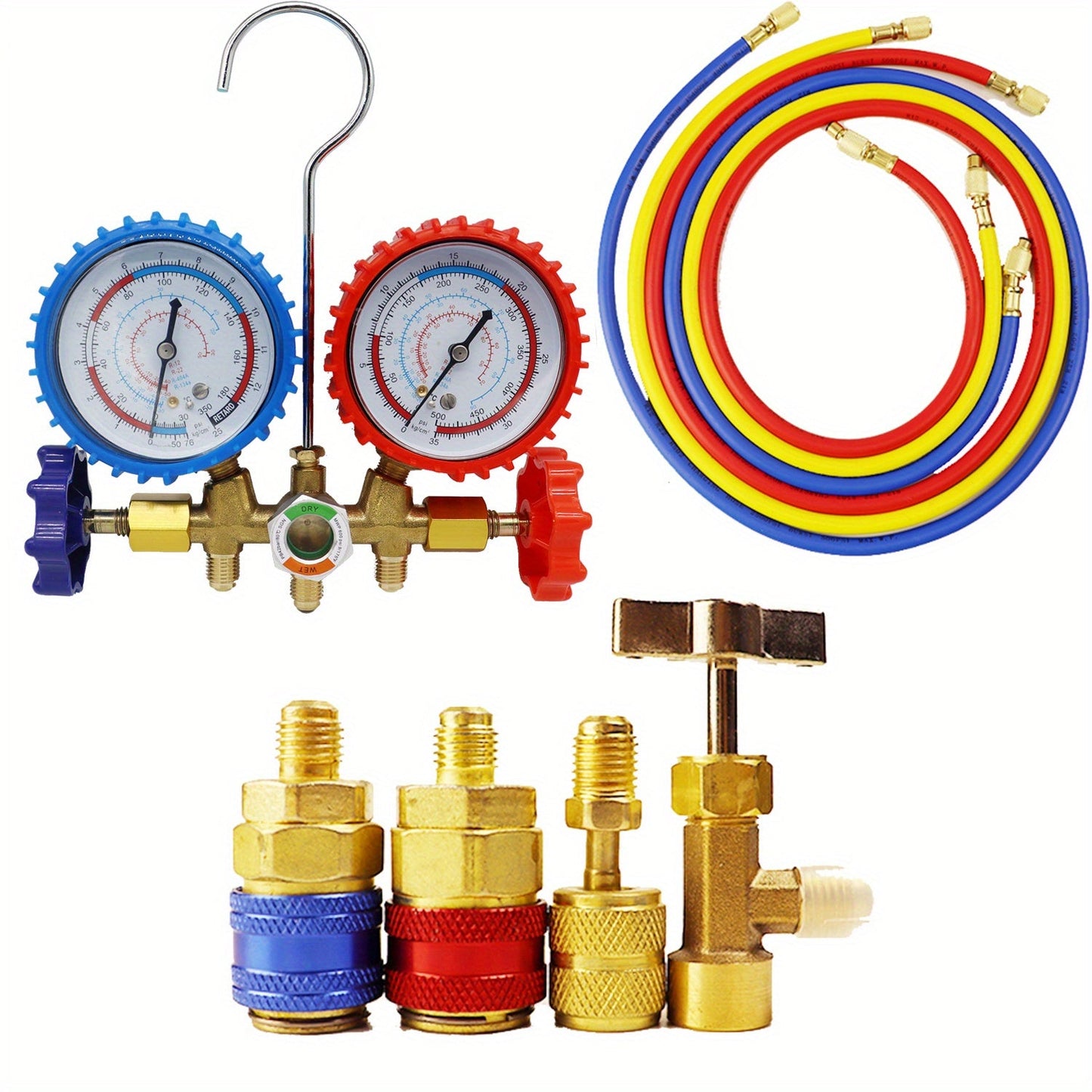 HVAC & Auto 3-Way AC Manifold Gauge Set - Refrigerant Charging Tool with Quick Couplers and Valve Core Kit - Works with R404A, R134A, R12, R22 refrigerants