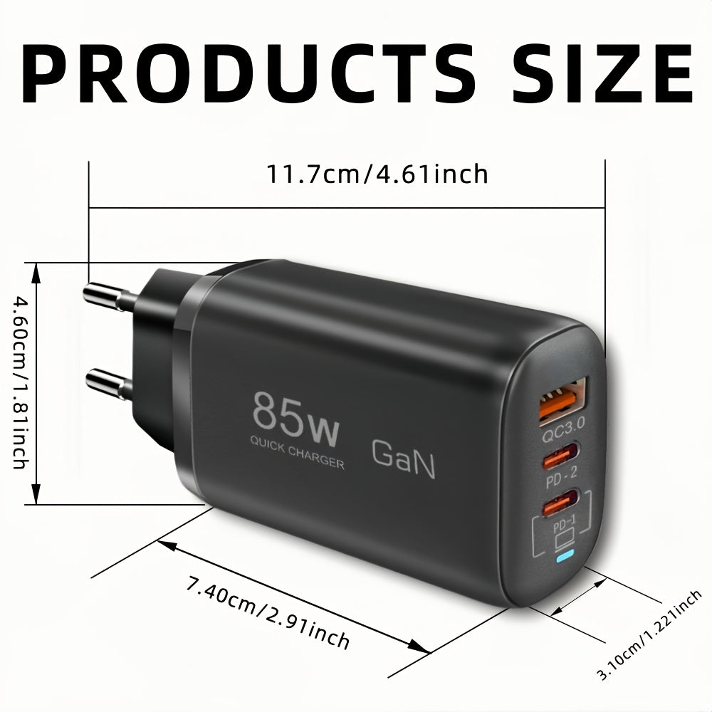 85W GaN charger with PPS PD, QC 3.0/4.0, USB-C fast charging for multiple devices, including Samsung, Xiaomi, iPhone, iPad, MacBook, and notebooks. EU plug universal desktop charger for