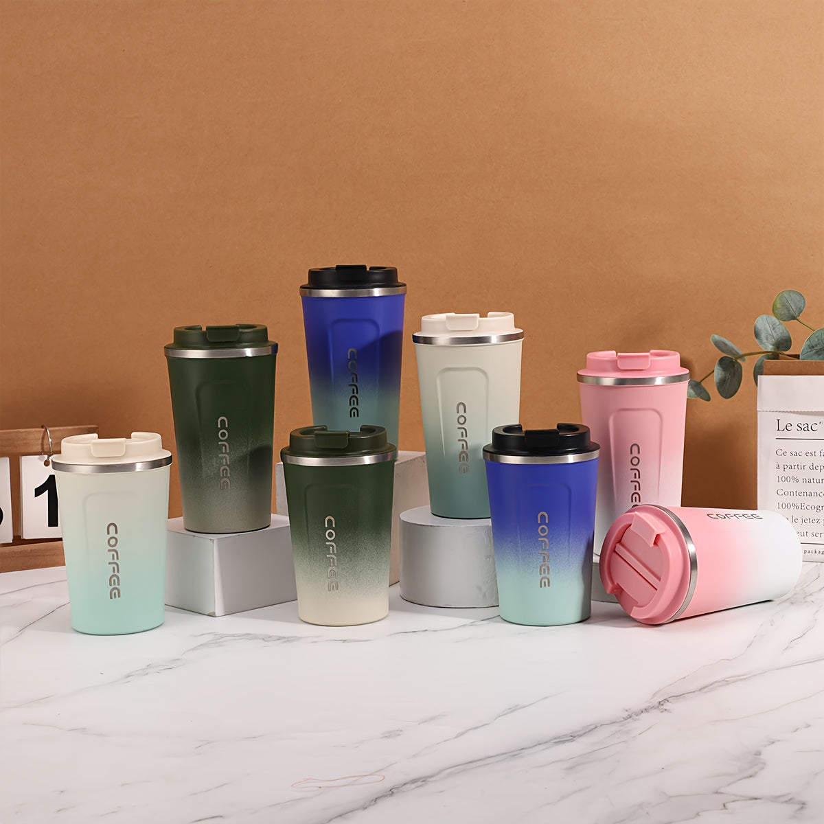 Gradient color travel mug made of 304 stainless steel, holds 380ml/13.37oz, vacuum insulated, portable drinkware, great gift.