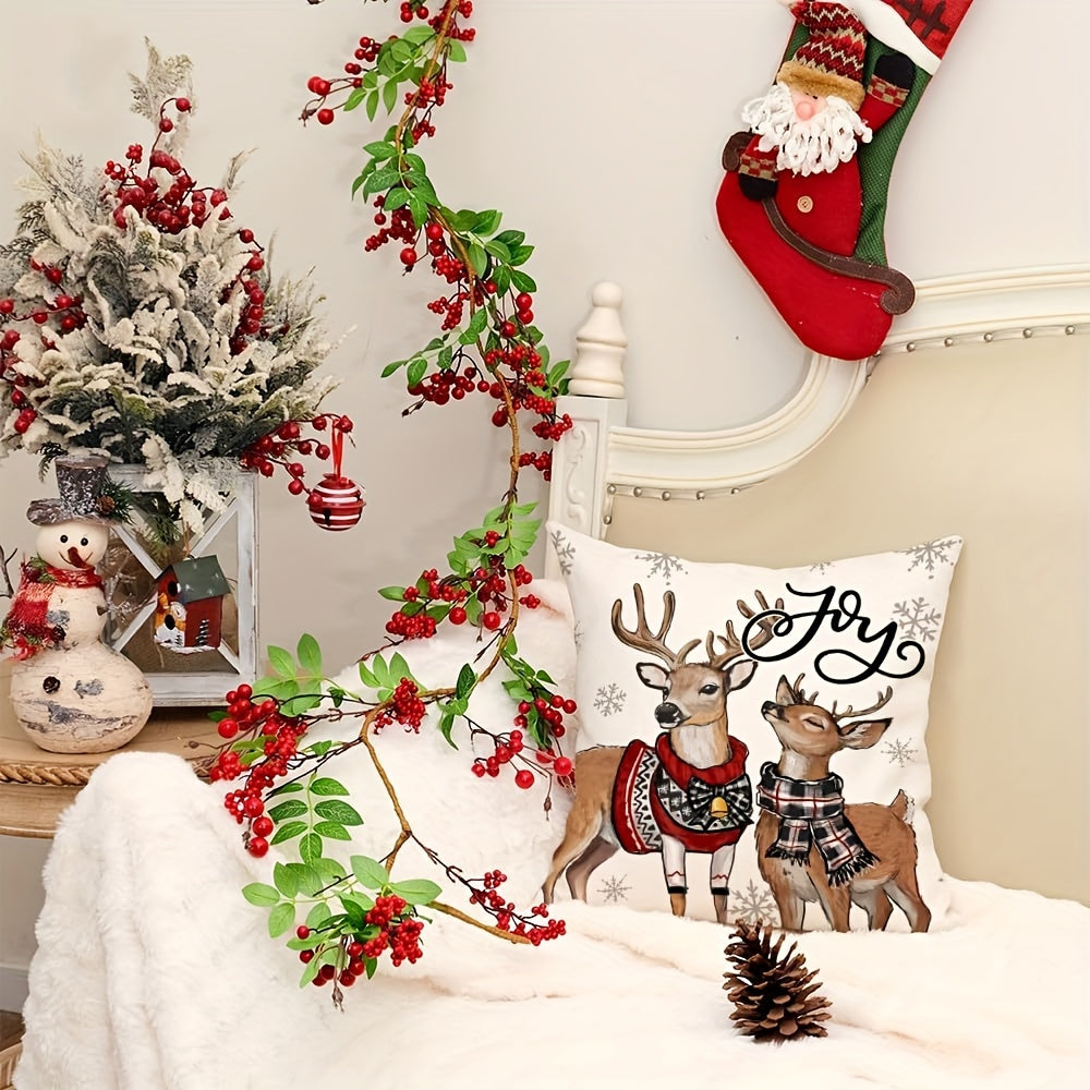 Add a touch of modern style to your home with this Linen Throw Pillow Cover featuring a festive Reindeer and Snowflake design. This machine washable cover has a convenient zipper closure and is made from a high-quality woven fabric in mixed colors.