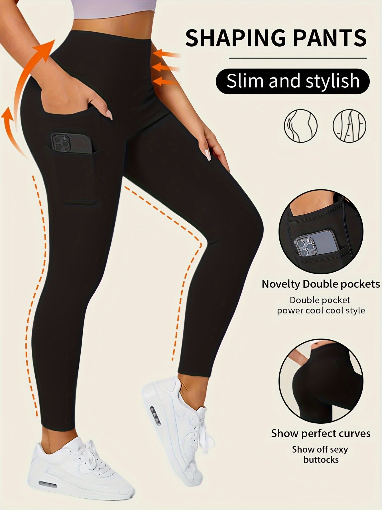 Stretchy high-waisted leggings with pockets for comfort.