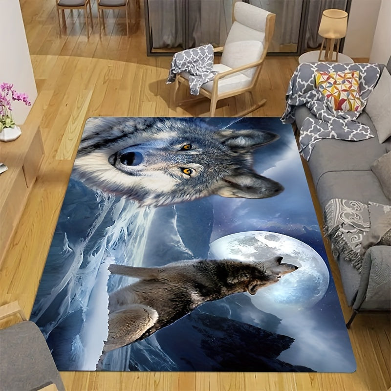 Decorate your home with this stunning 1-piece 3D snow wolf print rug, featuring a psychedelic motif design. This washable soft floor mat is perfect for any room in your home, including the living room, bedroom, bathroom, kitchen, laundry room, office