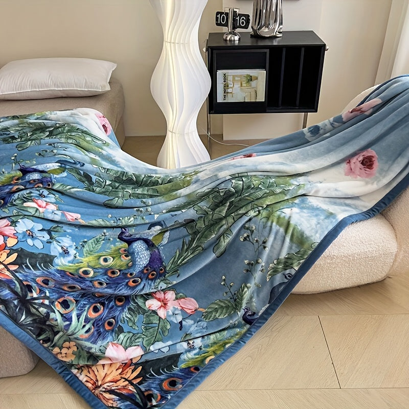 Ultra-soft Luxurious Peacock and Floral Coral Fleece Throw Blanket made from thick milk velvet for cozy naps, office use, and year-round warmth.