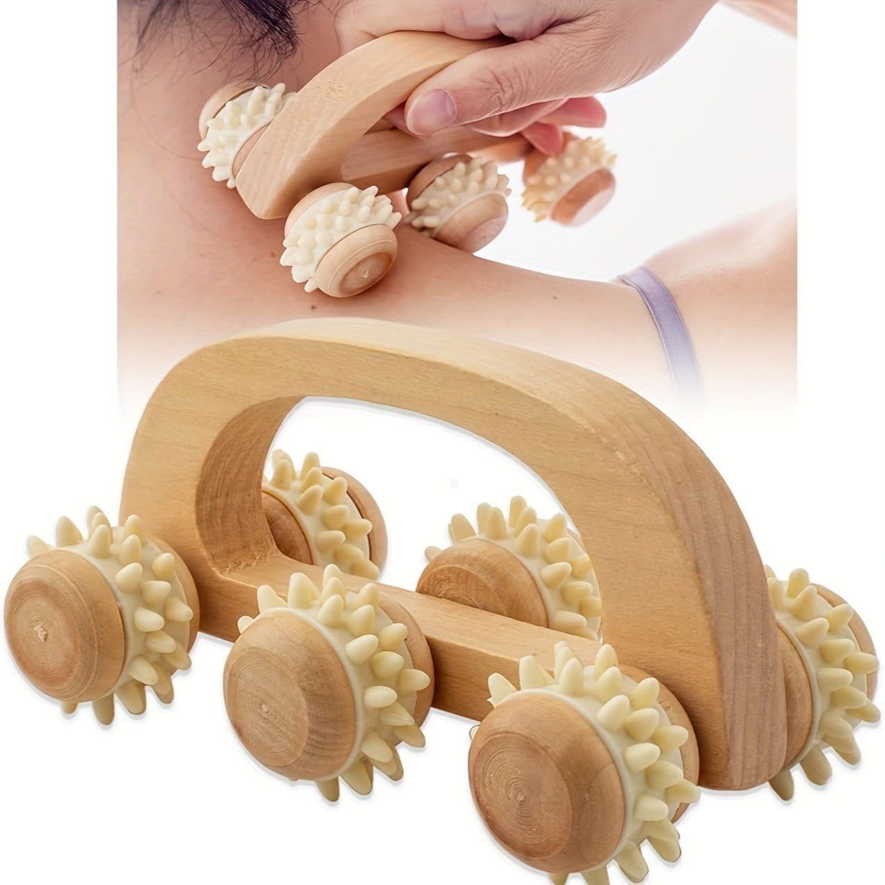 Non-electric wooden back massager with 6 rolling balls - unscented and no batteries required.