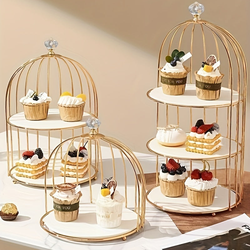 Golden cast iron birdcage cake stand for elegant dessert display in living room, perfect for snacks, fruit, and sweets.