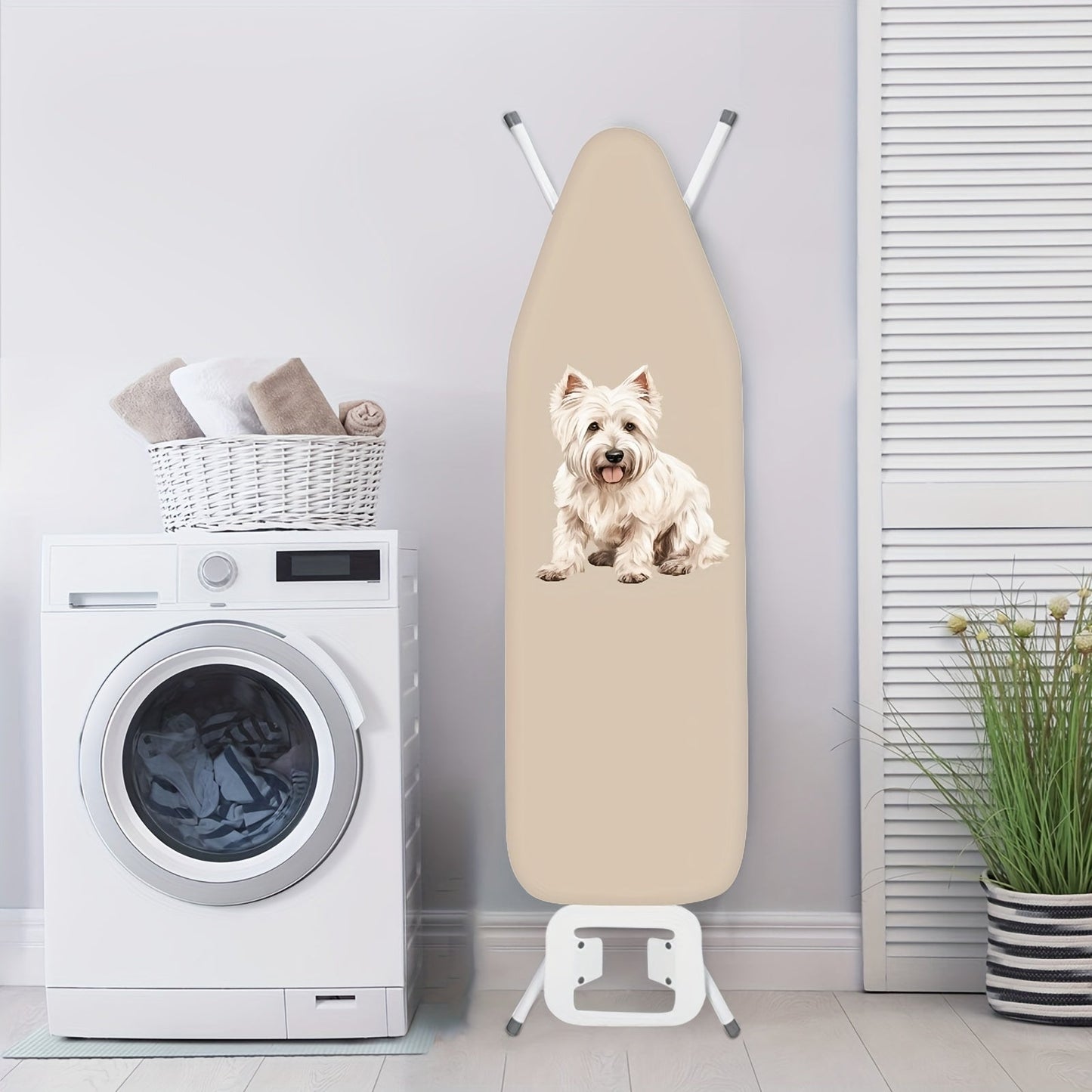 Ironing Board Cover featuring a West Highland White Terrier Dog Print, designed for pet lovers. Made with durable fabric, this cover has an elastic edge for easy fitting and is non-electric.