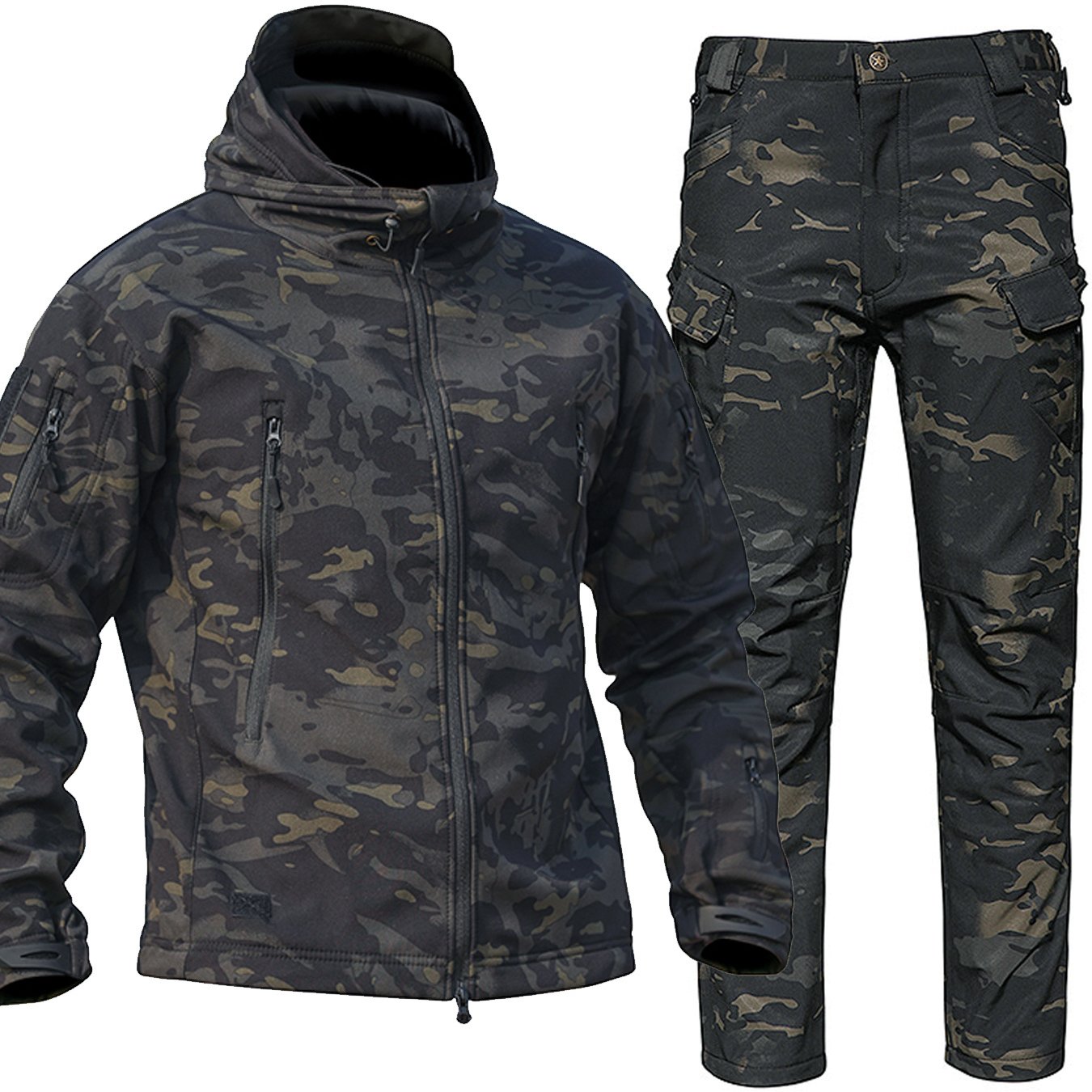 Men's camo outdoor gear set includes a windproof hooded jacket and fleece-lined pants with multiple pockets, suitable for hiking, hunting, and casual wear.