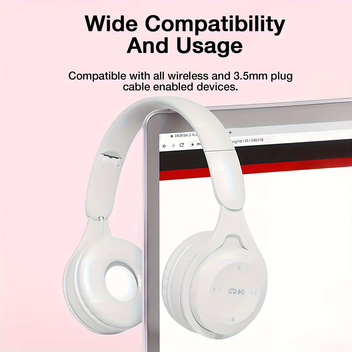 Wireless over-ear headset with 20 hours of playtime, foldable and comfortable for travel, home, office, suitable for kids, teens, adults, girls, and women.