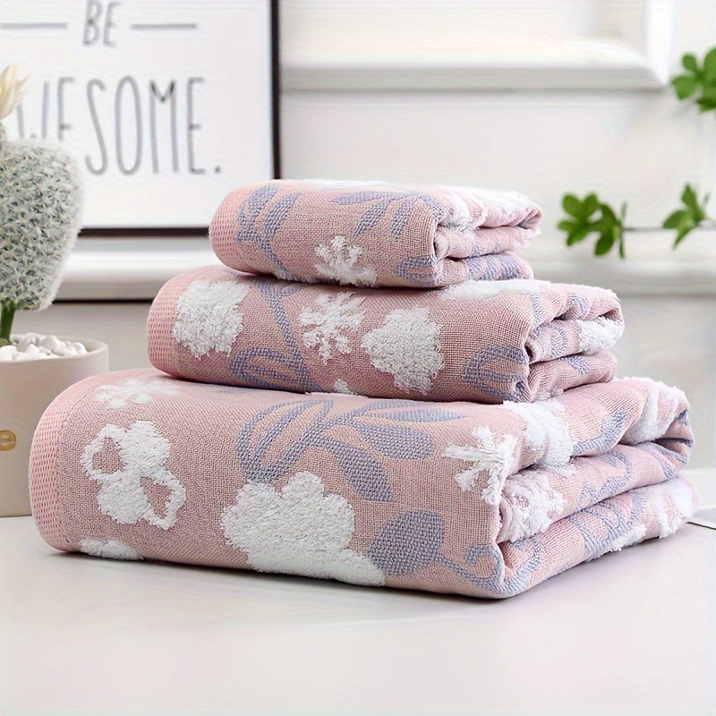 Floral embroidered cotton jacquard towel set includes 3 bath towels, hand towels, and fingertip towel. Soft, super absorbent, and modern design.