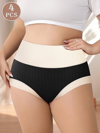 4pcs Plus Size Elegant Panties, Women's Colorblock Ribbed High Waisted Daily Briefs