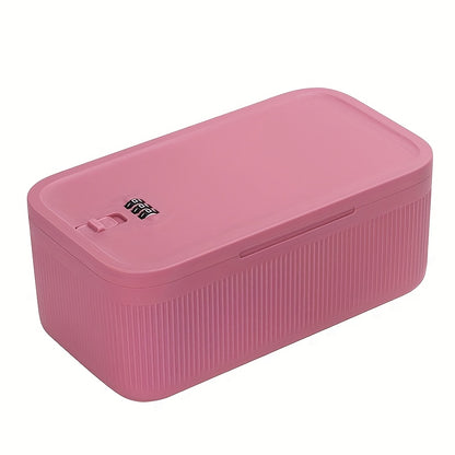 Compact lockable storage box in pink/beige/blue made of durable PP, ideal for secure organization of phone, medicine, and food. Perfect for home, office, and travel. Dimensions: 23.88x13.97x9.65cm.